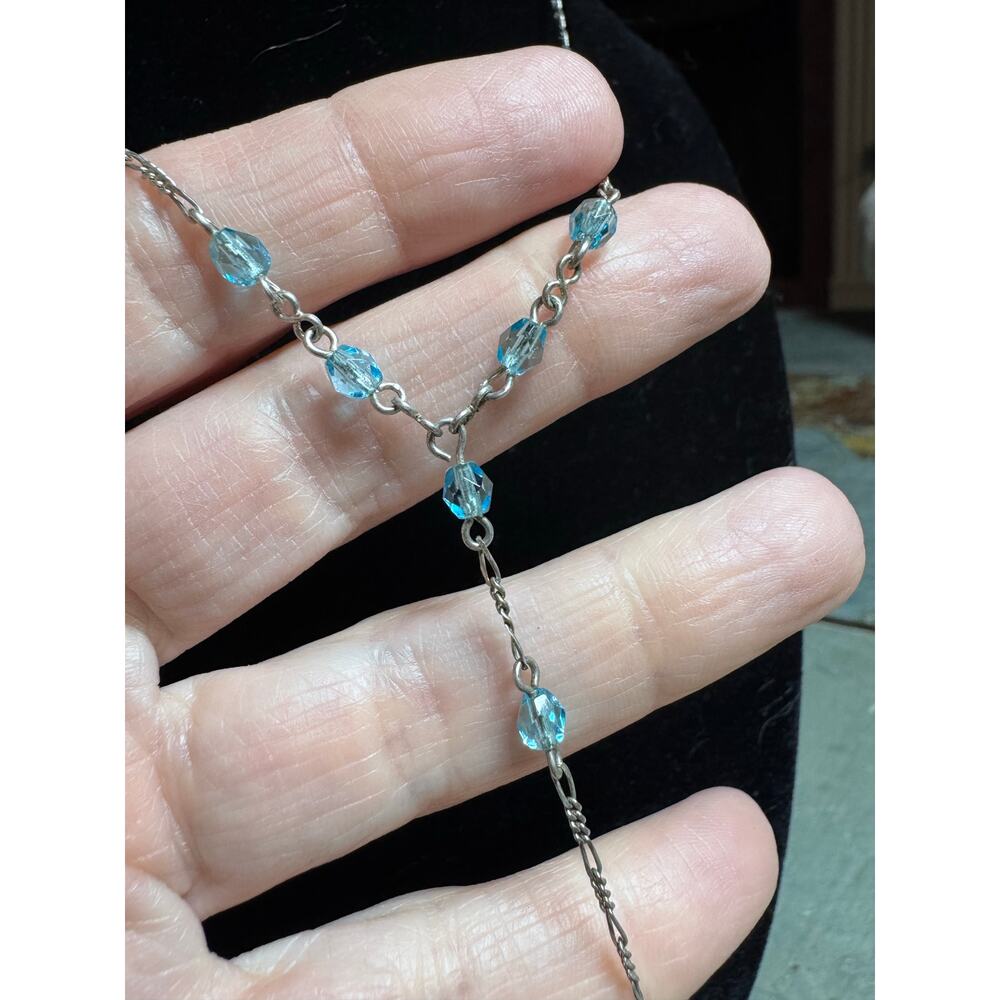 Vintage ROBERT ROSE Silver Toned Y-Drop Necklace w/ Aqua Crystal Beads